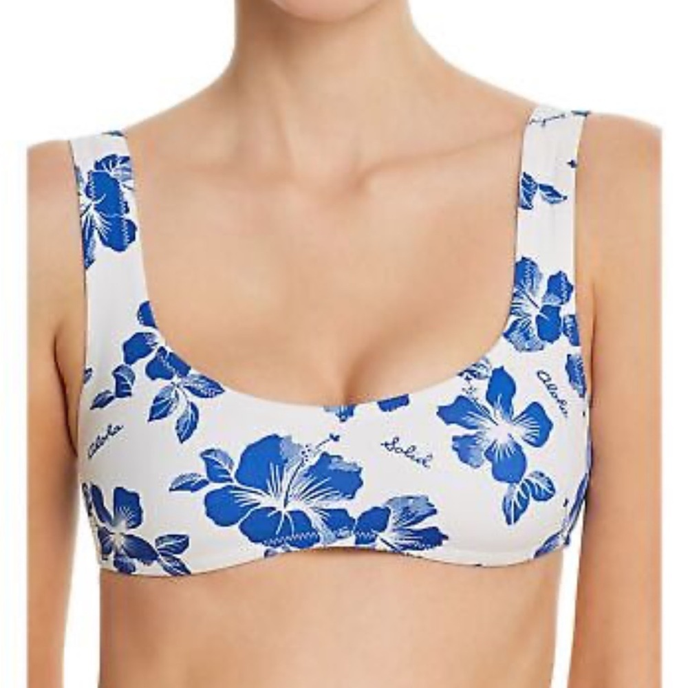 NWT Solid & Striped Aloha Hibiscus text the Elle Bikini Top white blue Sz M